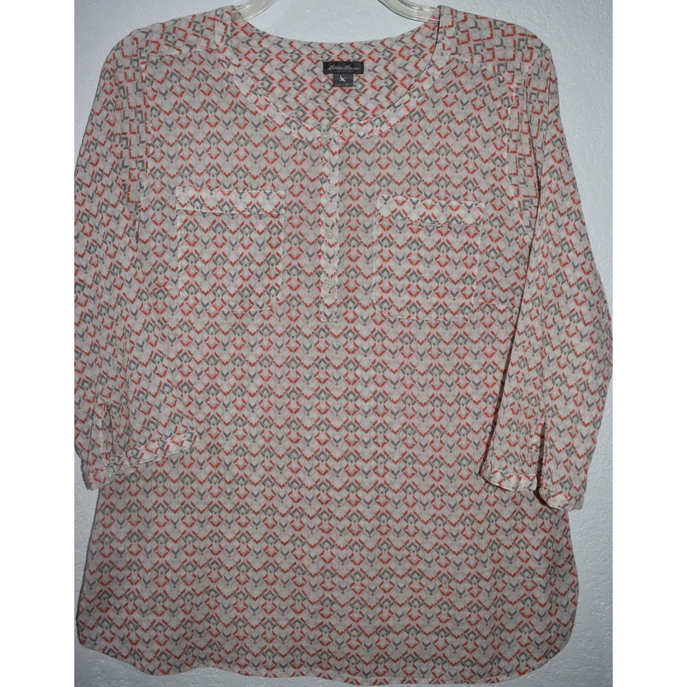 Eddie Bauer Womens X Top Cotton Gauzy Henley Geometric Print 3/4 Sleeve Blouse